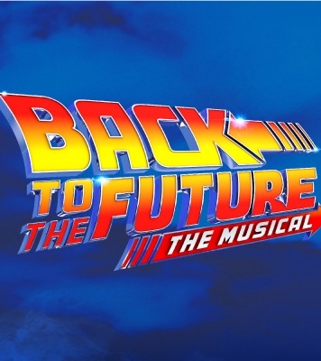 The words Back to the Future the Musical are displayed against a blue background