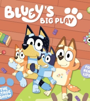 Four cartoon animals in front of an orange back ground that says "Bluey's Big Play"