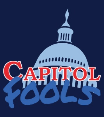 Capitol building outline in front of a navy background with the text Capitol fools written across in red and blue