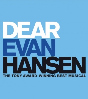 The words Dear Evan Hansen The Tony-Award Winning Musical displayed in front of blue background