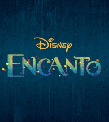 Dark blue background with Disney logo in the middle and Encanto text underneath