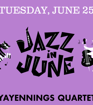 Jazz in June icon on a purple background