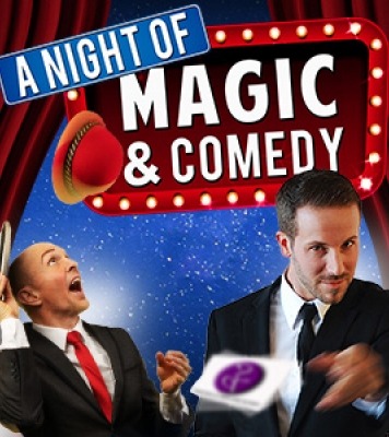 Two men in suits throwing cards and the words "A Night of Magic & Comedy" in front of a red curtain