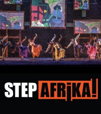 Severl people dancing on stage in bright colors balancing on one foot. Step Afrika! text is shown at the bottom of the photot