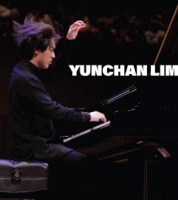 Man playing the piano with left arm lifted in the air and text Yunchan Lim on the right side