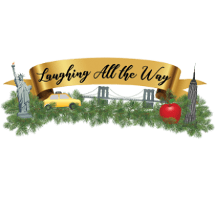 The words "laughing all the way" in cursive on a gold banner with Christmas greenery and New York sites