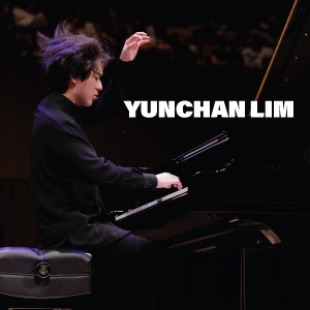 Man playing the piano with left arm lifted in the air and text Yunchan Lim on the right side